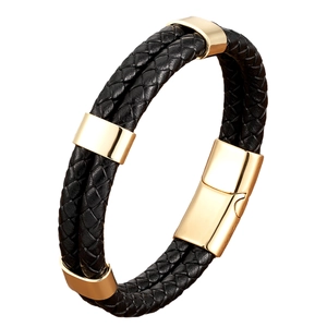 Bracelet minimaliste double couche en cuir tressé noir avec fermoir magnétique doré pour homme