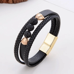 Vintage Multilayer Leather Bracelet With Stainless Steel Magnetic Buckle Natural Stone Beaded Braided Wrap Wristband Men