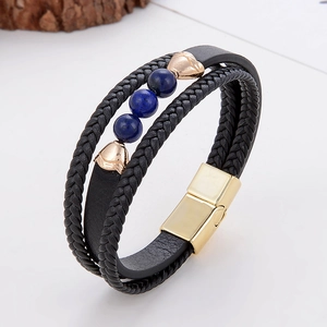 Multilayer braided leather bracelet with blue stones and magnetic clasp for men