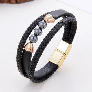 Multilayer braided leather men's bracelet with hematite beads and gold magnetic buckle