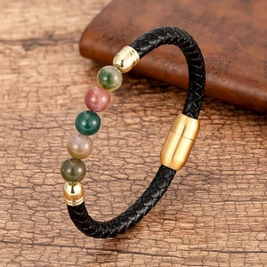 Pulsera de Cuero Trenzado para Hombre Con Cuentas de Piedra Natural Cierre Magnético de Acero Inoxidable Joyería Chakra Vintage