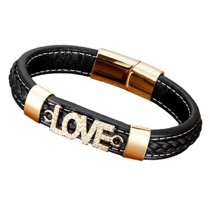 Braided leather bracelet with gold-plated stainless steel LOVE charm and magnetic clasp