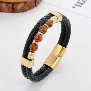 Bracelet double en cuir tressé pour homme avec perles brunes et fermoir magnétique doré