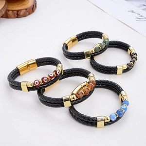 Bracelets en cuir tressé pour hommes avec pierres naturelles et fermoir magnétique
