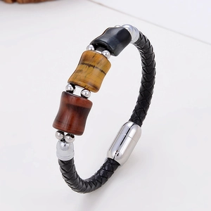 Retro Geflochtenes Leder Armband Mit Tigerauge Stein Edelstahl Magnetverschluss Mode Schmuck Geschenk Für Herren Damen