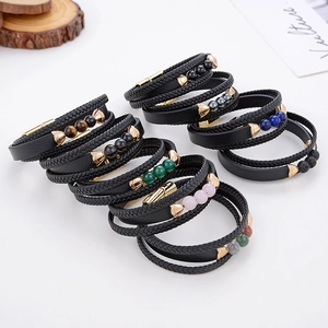 Multilayer braided leather bracelet with natural stone beads and gold magnetic clasp
