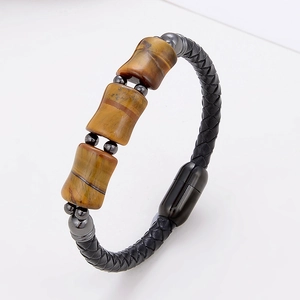 Geflochtenes Lederarmband im Vintage-Stil mit Tigerauge-Perlen und Magnetverschluss