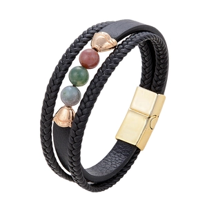 Multilayer braided leather bracelet for men with stone beads and magnetic metal clasp