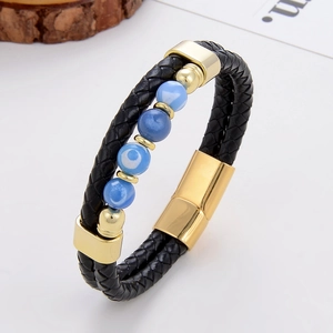 Bracelet en Cuir Tressé pour Homme Avec Fermoir Magnétique en Acier Inoxydable Perles en Pierre Ethnique Bijoux de Mode