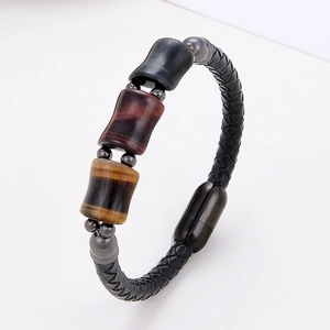 Vintage geflochtenes Lederarmband für Herren mit Tigerauge-Perlen und Magnetverschluss