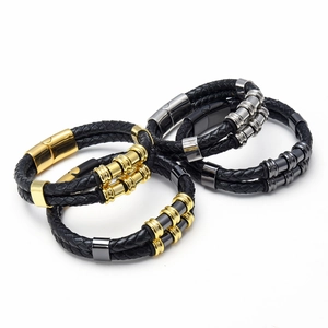 Mens vintage woven double-layer leather bracelets with magnetic stainless steel clasps