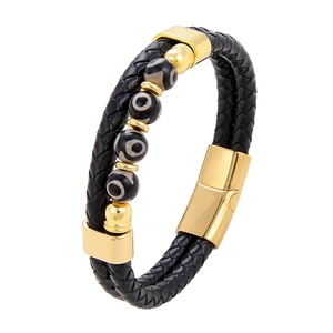 Bracelet pour homme en cuir tressé noir avec fermoir magnétique doré et perles d'yeux
