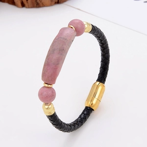 Classic braided leather bracelet with pink stone and gold magnetic clasp for women and men