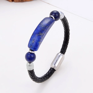 Mens woven leather bracelet with lapis lazuli stones and magnetic steel clasp