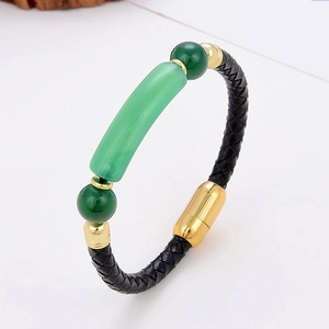 Vintage Braided Leather Bracelet With Natural Stone Stainless Steel Magnetic Clasp Retro Bohemian Style Jewelry For Men