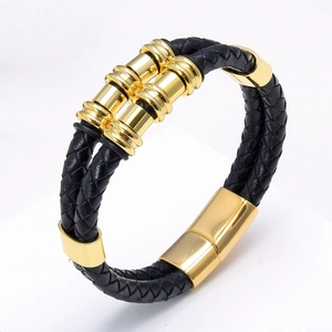 Men's braided black leather bracelet with luxury gold stainless steel magnetic clasp