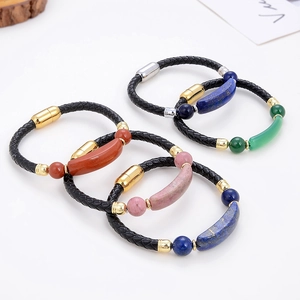 Classic braided leather bracelet with natural stones and a magnetic stainless steel clasp
