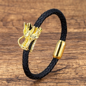 Men's vintage dragon head braided leather bracelet with golden magnetic clasp