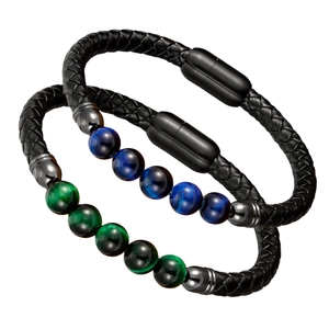 Set de dos pulseras para hombre de cuero trenzado con cuentas de ojo de tigre azul y verde