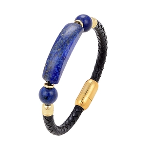Classic woven leather bracelet with blue natural stone and golden magnetic clasp