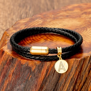 Minimalist Stainless Steel Leather Woven Bracelet For Men Women Gold Silver Rhinestone Initial Letter Round Pendant Jewelry