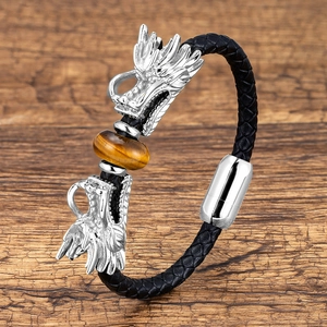 Men's leather bracelet with silver dragon heads and yellow tiger eye stone bead