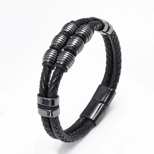 Pulsera de doble capa de cuero trenzado negro para hombre con cuentas metálicas grises y cierre magnético