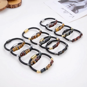 Geflochtene Lederarmbänder Set mit Tigerauge-Steinen und Magnetverschluss für Damen Herren