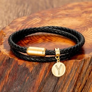 Double-layered braided black leather bracelet with golden magnet clasp and crystal letter Y charm