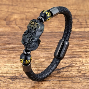 Ethnic Pixiu braided leather bracelet with obsidian stones and magnetic stainless steel clasp