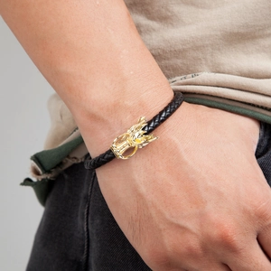Ethnic stainless steel dragon head bracelet with black woven leather for men's fashion