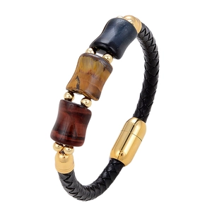 Geflochtenes Lederarmband mit Tigeraugen-Perlen und goldenem Magnetverschluss für Herren