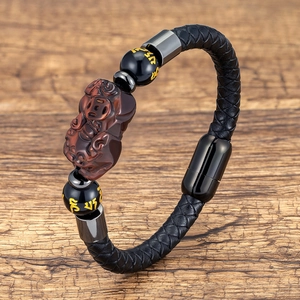 Ethnic braided leather bracelet with stone Pi Xiu charm and magnetic steel clasp