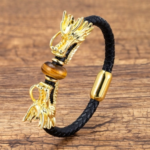 Dragon Head Leather Braided Bracelet For Men Vintage Ethnic Style Tiger Eye Stone Obsidian Magnetic Clasp Hand Jewelry Gift