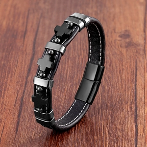 Bracelet Croix en Cuir pour Hommes Vintage Acier Inoxydable Fermoir Magnétique Pierre Oeil de Tigre Punk Tressé Bijoux Cadeau