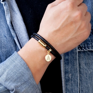 Classic double-layer braided black leather bracelet with golden letter A charm for women