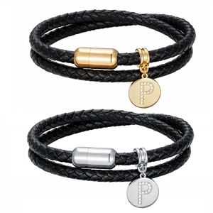 Classic double-layered woven leather bracelet with golden and silver letter P pendants