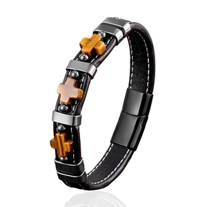 Bracelet rétro en cuir noir pour homme avec croix en œil de tigre et fermoir magnétique
