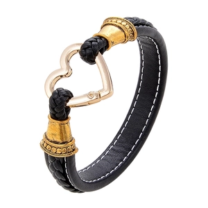 Bracelet en cuir noir tressé avec fermoir magnétique doré en forme de cœur vintage