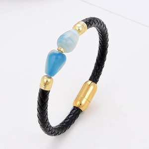 Fashionable black leather cord bracelet with blue striped agate and gold magnetic clasp