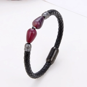 Vintage Leather Cord Agate Stone Bracelet Stainless Steel Magnetic Clasp Woven Bangle For Men Women Ethnic Fashion Jewelry Gift