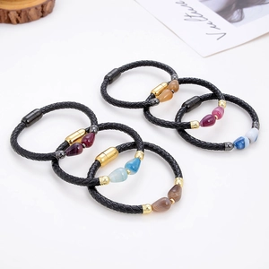 Handwoven leather bracelet set with natural stone beads and secure magnetic clasp