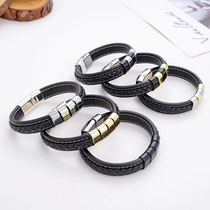 Bracelets en cuir tressé pour hommes avec fermoir magnétique en argent et finition or