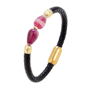 Chic leather cord bracelet with purple agate stones and golden magnetic clasp