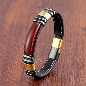Bracelet en Cuir Vintage pour Hommes Avec Fermoir Magnétique en Acier Inoxydable et Incrustation de Pierre Naturelle Bijoux Géométriques