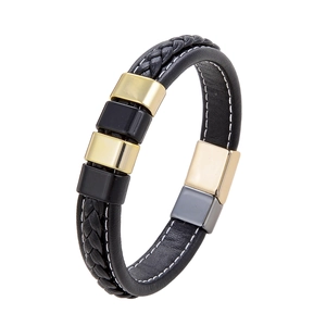 Bracelet pour homme en cuir noir tressé avec des éléments métalliques polis or et noir