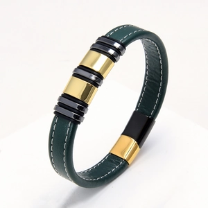 Green braided leather bracelet for men with gold metal tubes and magnetic clasp