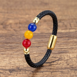 Bohemian braided black leather bracelet with colorful beads and gold metal magnetic clasp