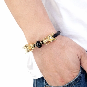 Men's double dragon leather bracelet with black stone bead in a retro ethnic style