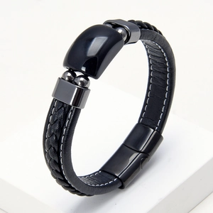 Bracciale in Pelle Intrecciata Uomo Vintage Con Chiusura Magnetica in Acciaio Inossidabile Pietra Occhio di Tigre Intarsiato Gioielli Stile Industriale